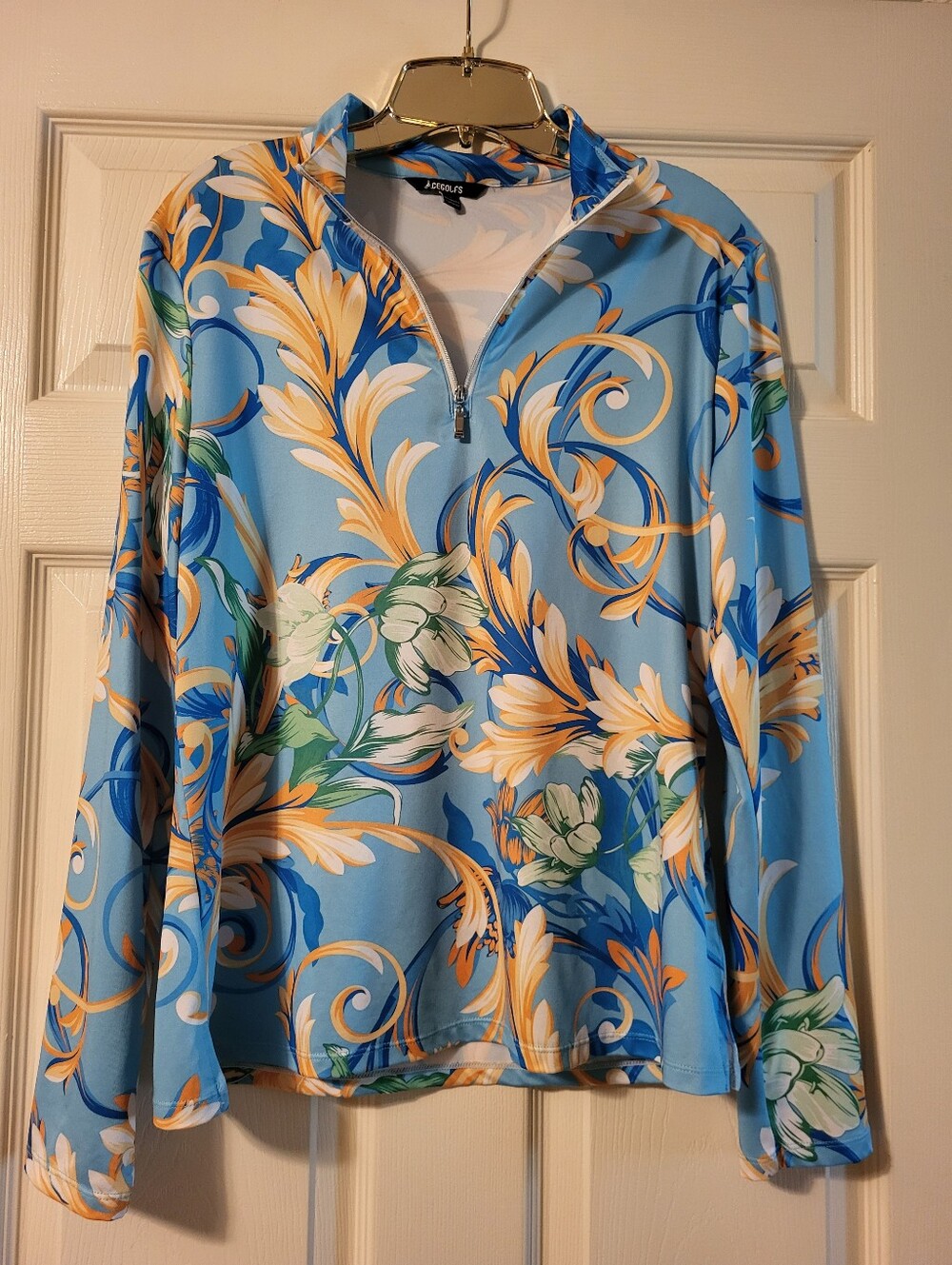 CEGOLFS Tropical Scroll Print Quarter-Zip Pullover - Sky Blue & Yellow